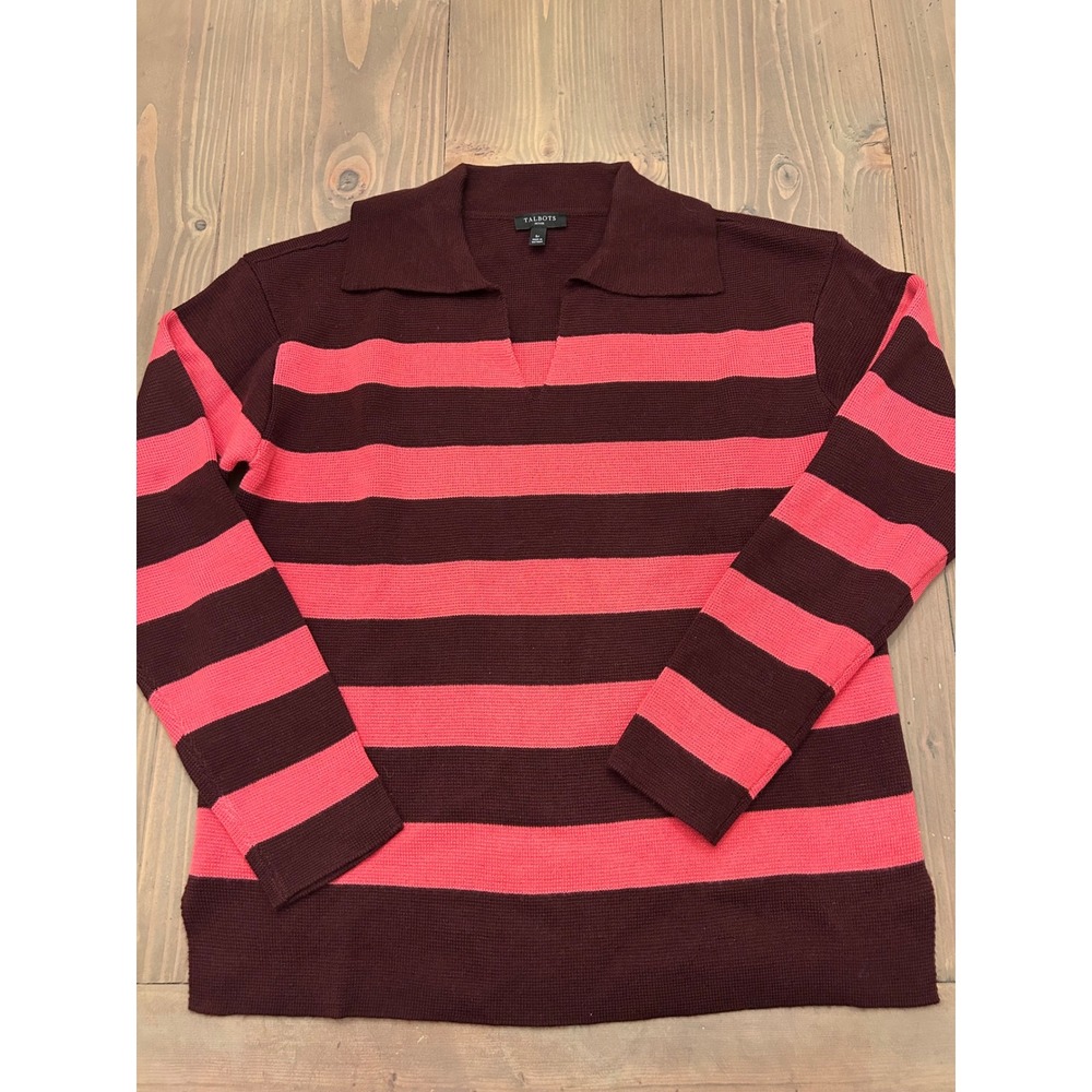 A13 Talbots Petite Striped‎ Polo Sweater Burgundy Pink V-Neck Long Sleeve SP